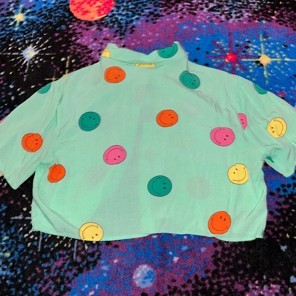 🙂colorful smiley button down crop top🙂 - Picture 4 of 4